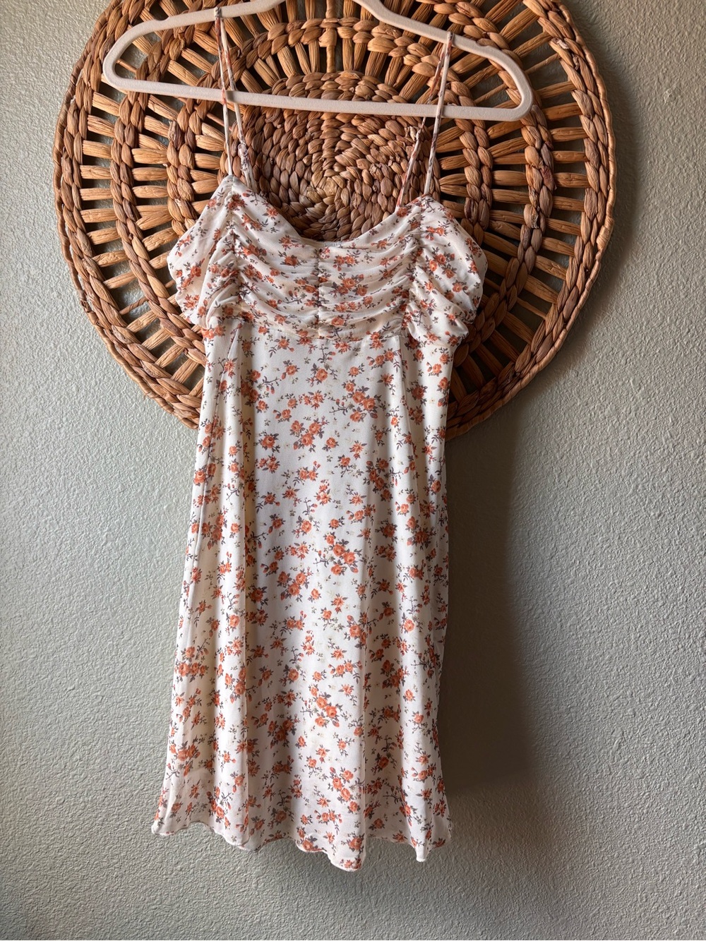 Smocked Floral Mini Dress - Cream with Orange Floral